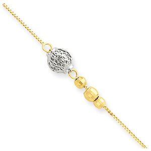 14k Two-tone Gold 0.5mm Box Chain And Bead Anklet, 9-10 Inch